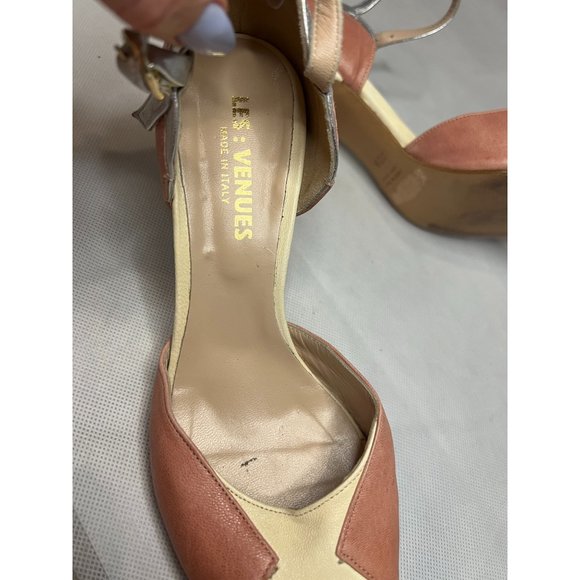 Les Venues Italy Peep Toe Leather Heel Pumps Ankle Strap Brown Silver Size 38.5 - Picture 6 of 8